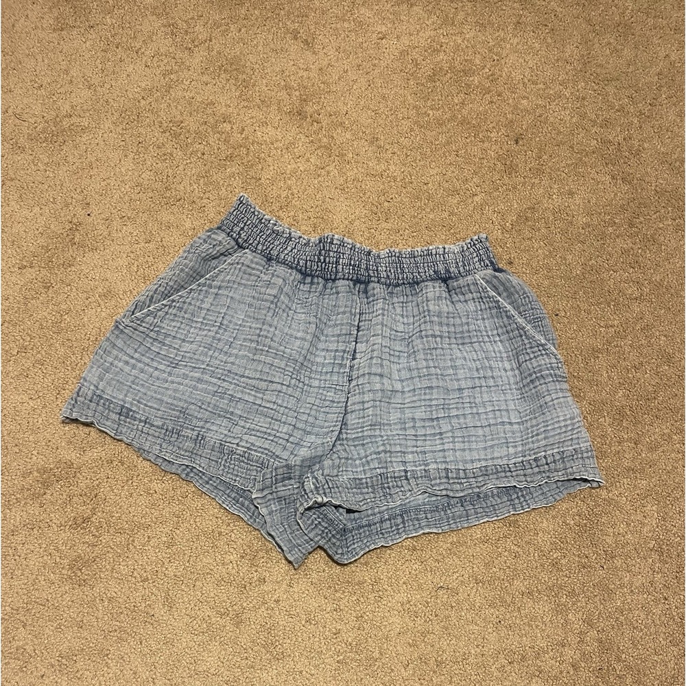 FAHERTY Dream Gauze Shorts Womens Sz M Blue Cotton Seersucker High Rise Relaxed